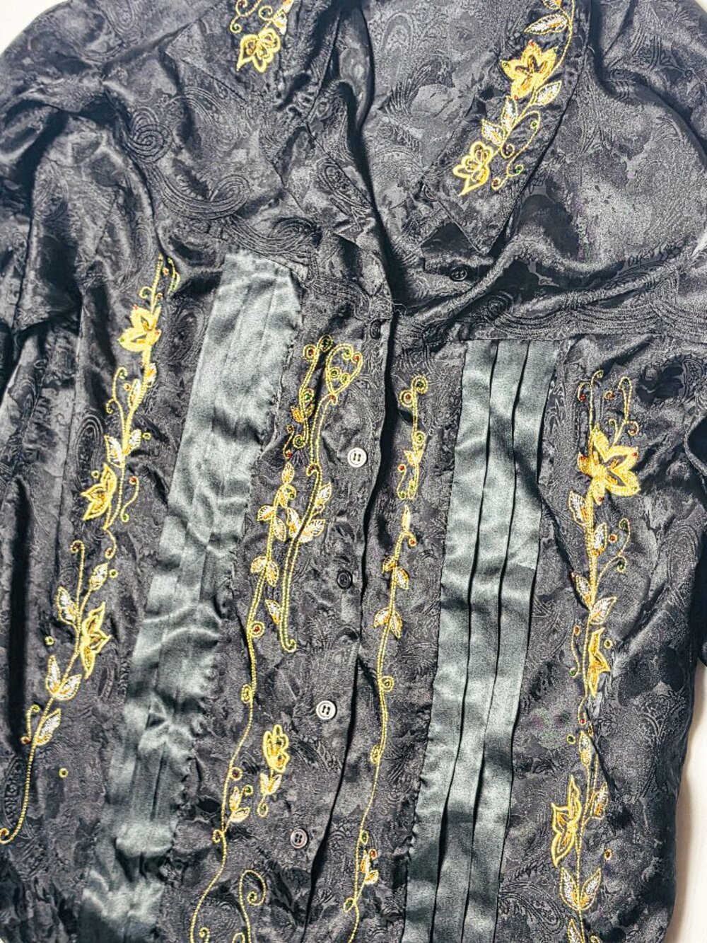 Together Medium VTG black satin shirt blouse gold floral embroidery pintuck